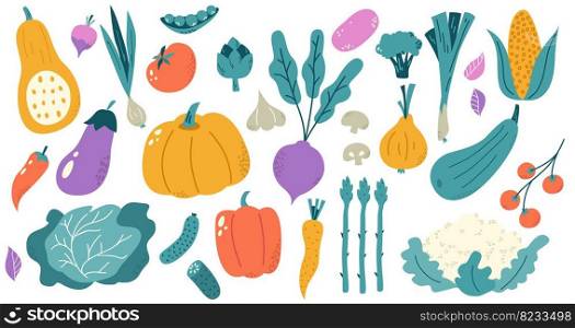Hand drawn isolated vegetables. Flat vegetable, fresh organic meal ingredients. Market food, cartoon vegetarian raw. Snugly color vector clipart. Illustration of fresh vegetable. Hand drawn isolated vegetables. Flat vegetable, fresh organic meal ingredients. Market food, cartoon vegetarian raw. Snugly color vector clipart