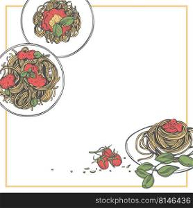Hand-drawn Italian cuisine, Neapolitan spaghetti. Vector background. Sketch  illustration.. Neapolitan spaghetti. Vector background. 