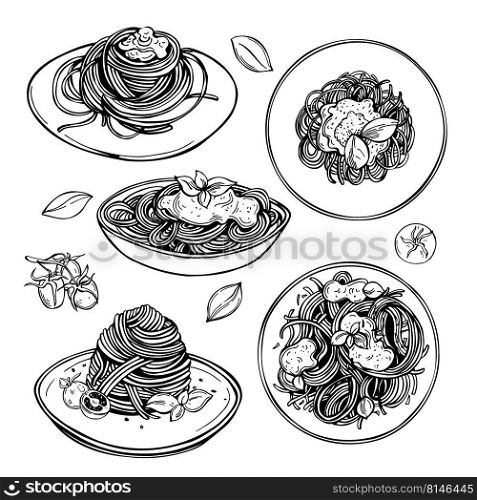 Hand-drawn Italian cuisine, Neapolitan spaghetti.  Vector sketch  illustration.. Neapolitan spaghetti. Sketch  illustration.