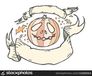 Hand drawn jack o&acute; lantern with two banners for text.