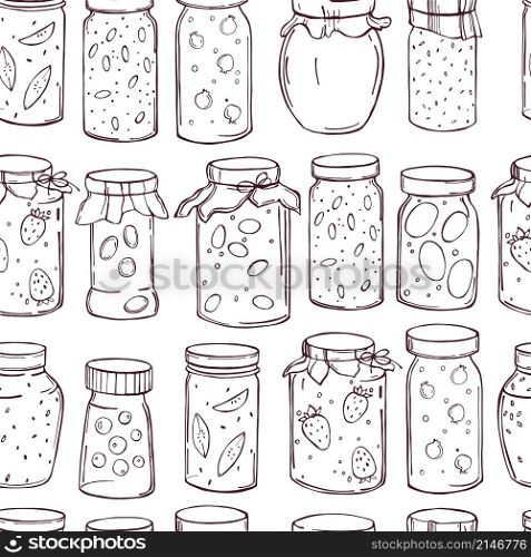 Hand-drawn jam jars on white background. Vector seamless pattern. Jam jars. Vector seamless pattern