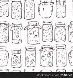 Hand-drawn jam jars on white background. Vector seamless pattern. Jam jars. Vector seamless pattern