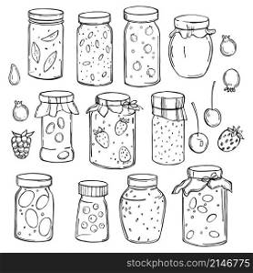 Hand-drawn jam jars on white background. Vector sketch illustration.. Jam jars . Vector illustration.