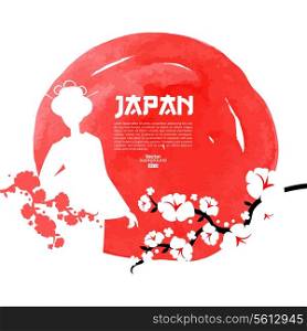 Hand drawn Japanese cherry illustration. Sketch and watercolor template background