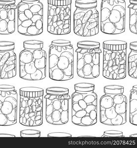 Hand drawn jars of pickles and jam on white background. Vector seamless pattern. . Jars of pickles and jam. Vector pattern.