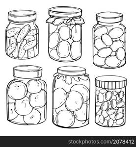 Hand drawn jars of pickles and jam. Vector sketch illustration.. Jars of pickles and jam. Vector illustration.