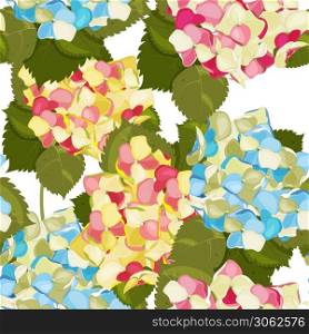 Hand drawn jungle motifs design with hydrangea flowers. Cute seamless floral pattern. Exotic art vector illustration.