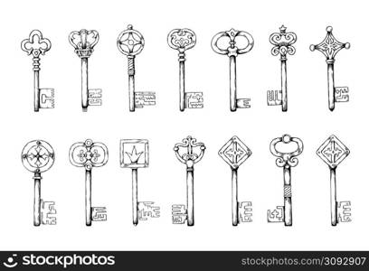 Hand drawn keys. Medieval latchkeys engraving. Vintage and antique door lock isolated elements. Home safe and security. Retro openers types. House privacy and secure. Old passkeys. Vector sketches set. Hand drawn keys. Medieval latchkeys engraving. Vintage and antique door lock elements. Home safe and security. Retro openers. House privacy and secure. Old passkeys. Vector sketches set