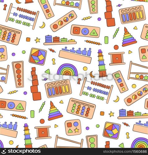 Hand drawn kid toys for Montessori games. Education logic toys for preschool children. Montessori system for early childhood development. Seamless pattern in doodle style on white background. Hand drawn kid toys for Montessori games. Education logic toys for preschool children.