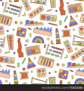 Hand drawn kid toys for Montessori games. Education logic toys for preschool children. Montessori system for early childhood development. Seamless pattern in doodle style on white background. Hand drawn kid toys for Montessori games. Education logic toys for preschool children.