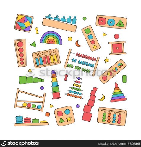Hand drawn kid toys for Montessori games. Education logic toys for preschool children. Montessori system for early childhood development. Set of vector objects in doodle style on white background. Hand drawn kid toys for Montessori games. Education logic toys for preschool children.