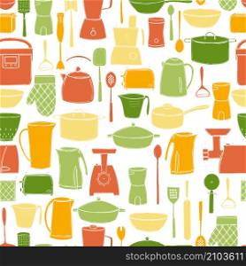 Hand drawn kitchen appliances and utensils for cooking.Vector seamless pattern. Kitchen appliances and utensils for cooking.Vector pattern