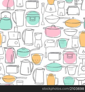 Hand drawn kitchen appliances and utensils for cooking.Vector seamless pattern. Kitchen appliances and utensils for cooking.Vector pattern