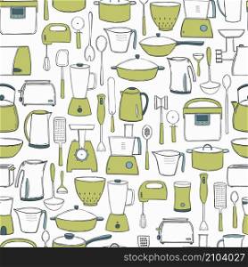 Hand drawn kitchen appliances and utensils for cooking.Vector seamless pattern. Kitchen appliances and utensils for cooking.Vector pattern