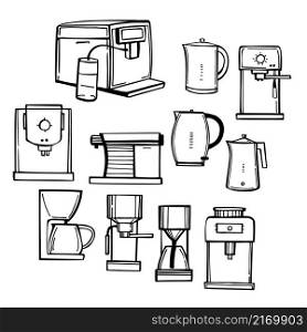 Hand-drawn kitchen appliances set. Coffee machines and kettles. Vector sketch illustration.. Kitchen appliances set. Sketch illustration.