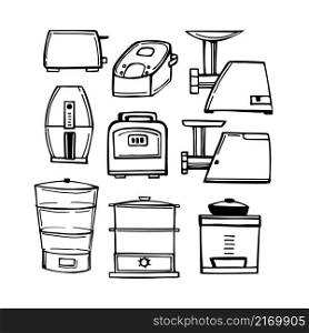 Hand-drawn kitchen appliances set. Vector sketch illustration.. Kitchen appliances set. Sketch illustration.
