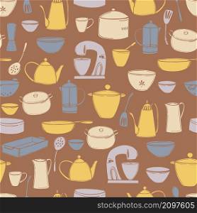 Hand-drawn kitchen appliances, tools and utensils for cooking.Vector seamless pattern. Kitchen tools and utensils for cooking.Vector pattern