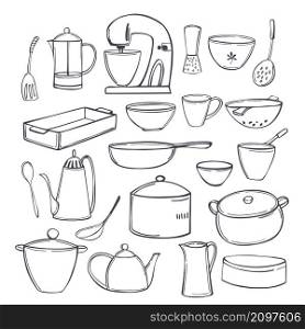 Hand-drawn kitchen appliances, tools and utensils for cooking. Vector sketch illustration.. Kitchen tools and utensils for cooking.