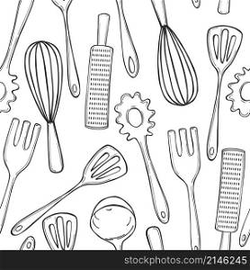 Hand drawn kitchen tools. Vector seamless pattern