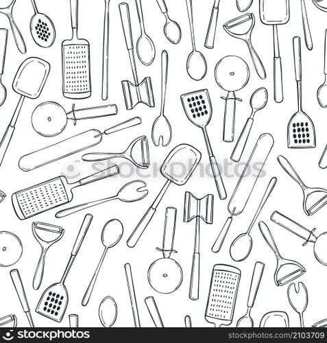 Hand drawn kitchen tools.   Vector seamless  pattern. Kitchen tools.   Vector  pattern