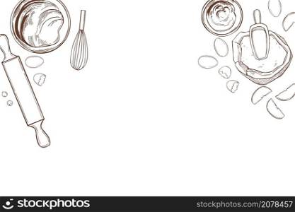Hand drawn kitchenware for baking pies . Sketch illustration. Vector background.. Kitchenware for baking pies. Vector background.