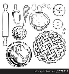 Hand drawn kitchenware for baking pies. Vector sketch illustration.. Kitchenware for baking pies. Vector illustration.