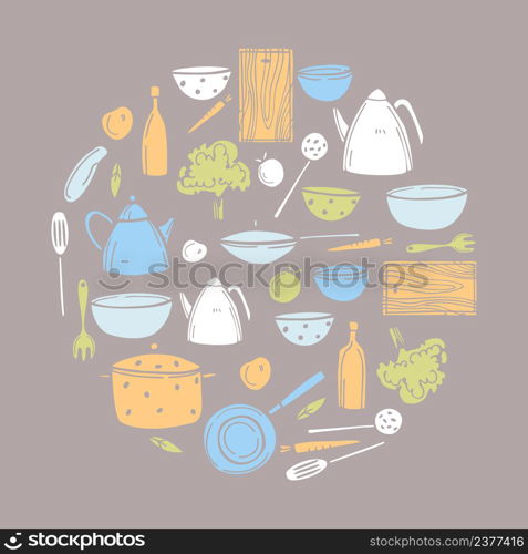 Hand-drawn kitchenware in a circle. Vector sketch illustration.. Kitchenware. Sketch illustration.