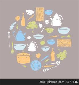 Hand-drawn kitchenware in a circle. Vector sketch illustration.. Kitchenware. Sketch illustration.
