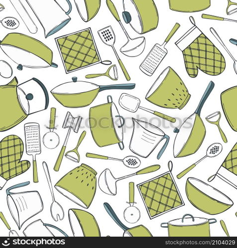 Hand drawn kitchenware. Vector  seamless pattern
