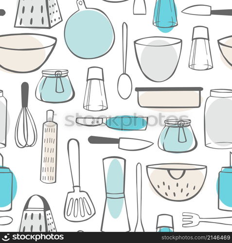 Hand drawn kitchenware. Vector seamless pattern