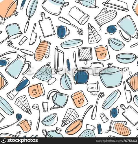 Hand drawn kitchenware. Vector seamless pattern. Kitchenware. Vector pattern