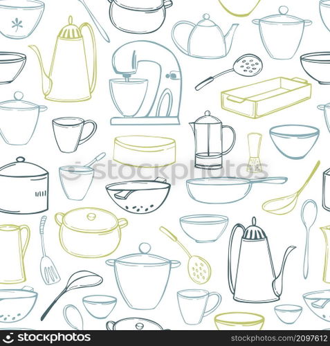 Hand-drawn kitchenware. Vector  seamless pattern. Vector  pattern with kitchenware. 