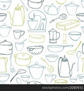 Hand-drawn kitchenware. Vector seamless pattern. Vector pattern with kitchenware.