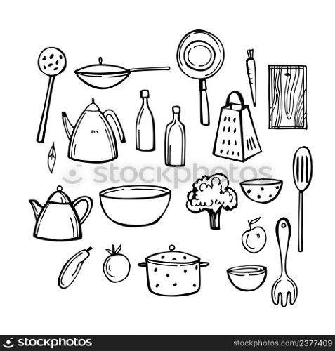 Hand-drawn kitchenware. Vector sketch illustration.. Kitchenware. Sketch illustration.