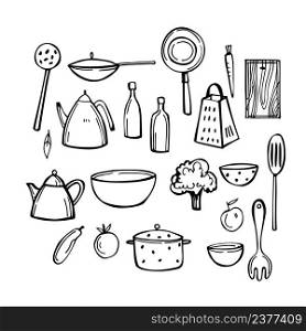 Hand-drawn kitchenware. Vector sketch illustration.. Kitchenware. Sketch illustration.