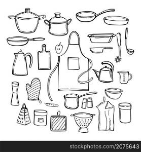 Hand drawn kitchenware. Vector sketch illustration.. Kitchenware. Vector illustration.