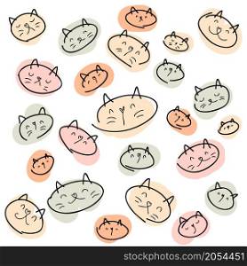 Hand drawn kitten faces pattern. Perfect for T-shirt, poster, textile and print. Hand drawn vector illustration for decor and design.