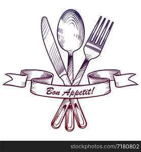 Hand drawn knife, fork, spoon and vintage ribbon. Elegant cutlery serving vector illustration. Hand drawn knife, fork, spoon and vintage ribbon