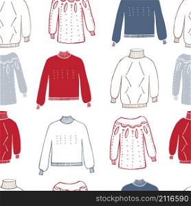 Hand drawn knit sweaters. Vector seamless pattern. Hand drawn winter knitted clothes set .