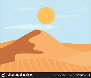 Hand drawn landscape desert. Sand dunes against the backdrop of the hot sun. Endless dry desert, sand background. Vector illustration.. Hand drawn landscape desert.