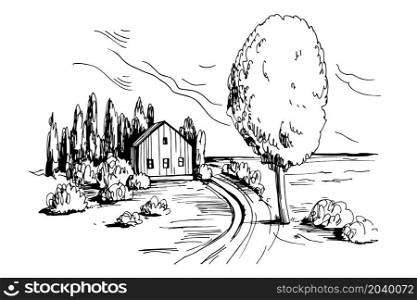 Hand drawn landscape with house and tree. Vector sketch illustration.