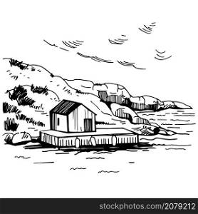 Hand drawn landscape with house on the coast. Vector sketch illustration