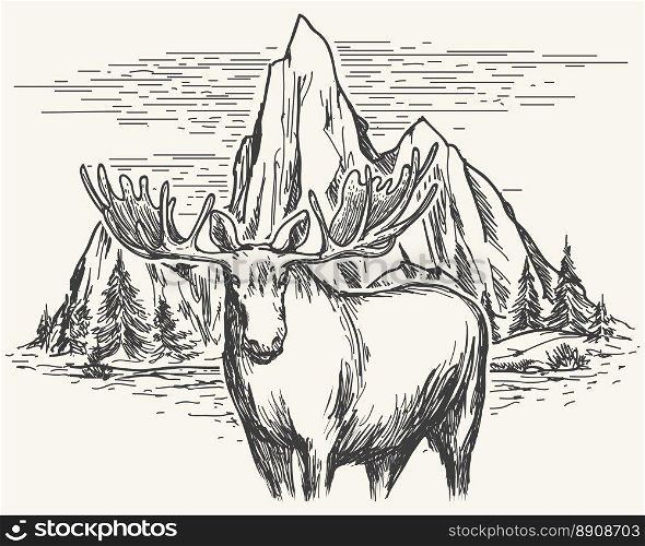 Hand drawn landscape with lake, mountains and trees and moose. Vector illustration
