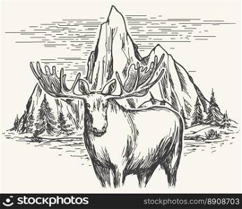Hand drawn landscape with lake, mountains and trees and moose. Vector illustration