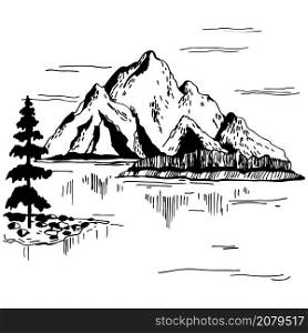 Hand drawn landscape with mountains. Vector sketch illustration.
