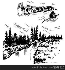 Hand drawn landscapes with a river. Vector sketch illustration.