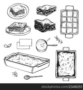 Hand-drawn lasagna set. Vector sketch illustration.. Lasagna set. Sketch illustration.