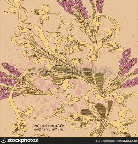 Hand drawn lavender flowers on beige, abstract floral pattern cover design. Blossom greenery branches, trendy artistic background. Graphic vector illustration wedding, poster, greeting card, magazine