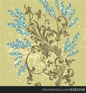 Hand drawn lavender flowers on green, abstract floral pattern cover design. Blossom greenery branches, trendy artistic background. Graphic vector illustration wedding, poster, greeting card, magazine