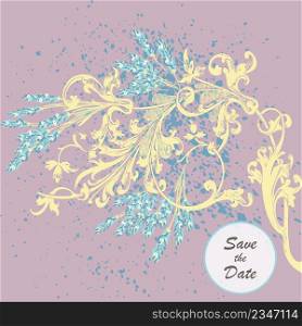 Hand drawn lavender flowers on pink, abstract floral pattern cover design. Blossom greenery branches, trendy artistic background. Graphic vector illustration wedding, poster, greeting card, magazine